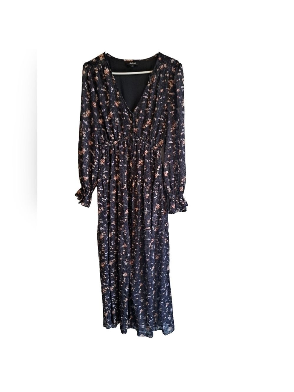 Tiny floral tiered MAXI  dress long sleeves ruffle cuff button up Shabby Aakaa S - Picture 4 of 12